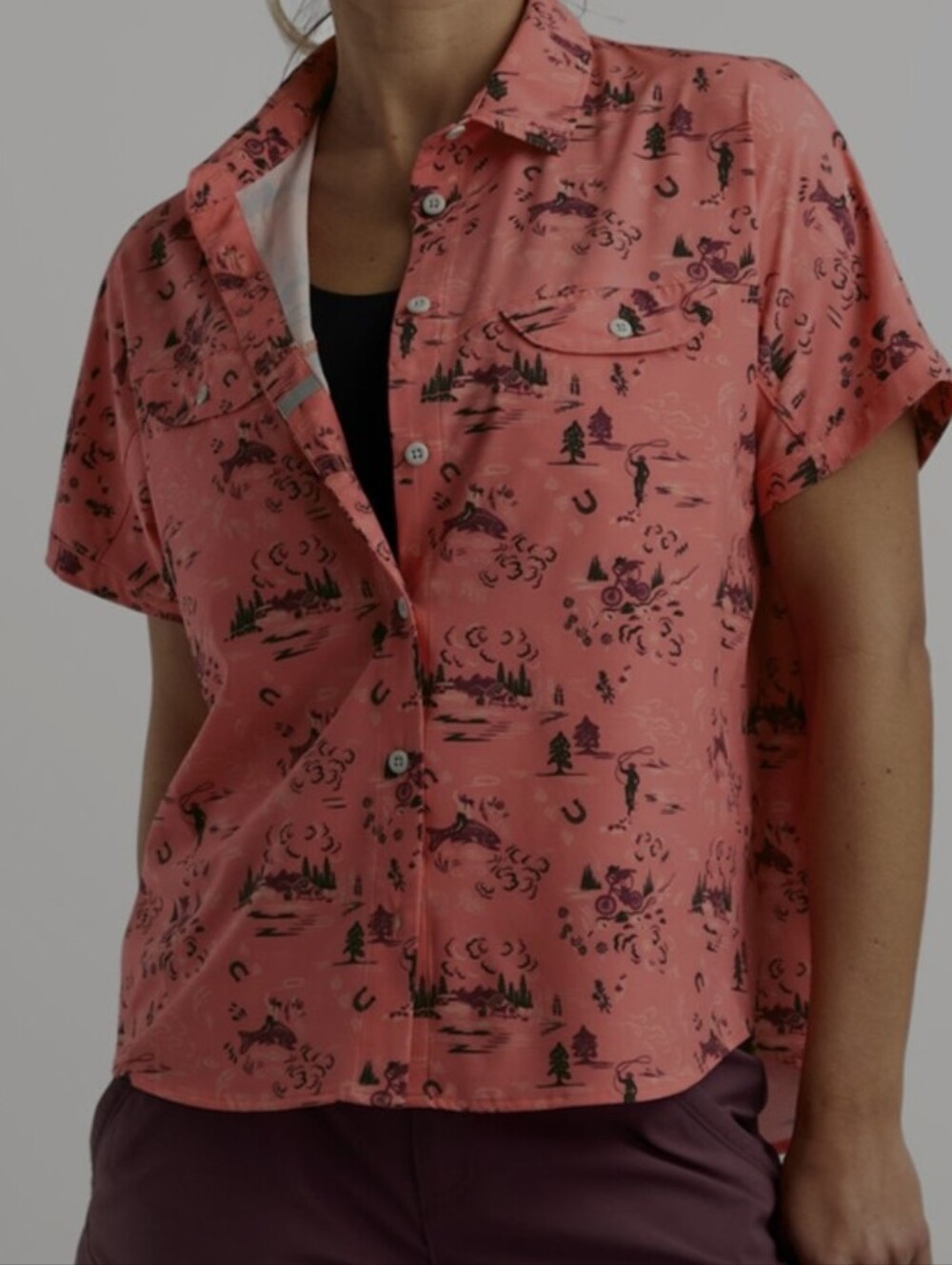 Stio Women’s Shifter Shirt SS Saddle Biking Cowboy Print Coral Orange Size S